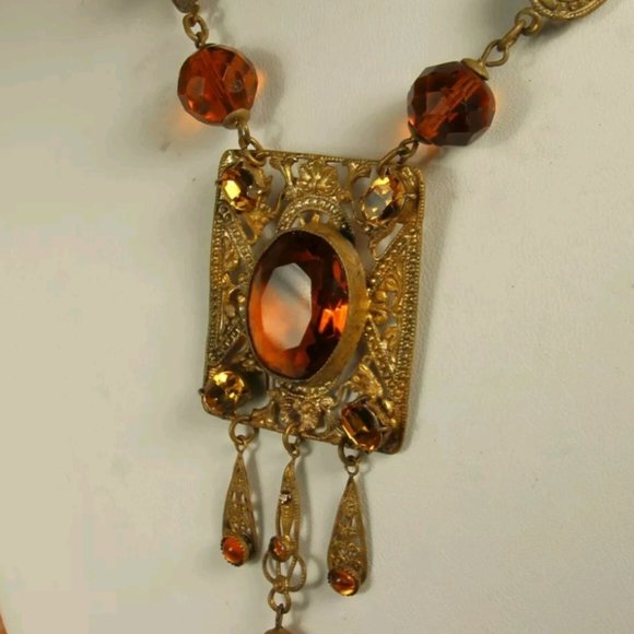 ART DECO CZECH Necklace 1930s Signed Lavalier TOPAZ CITRINE PASTE 15 in Choker - Picture 5 of 12